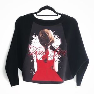 Black Thank You Croped Sweater Top